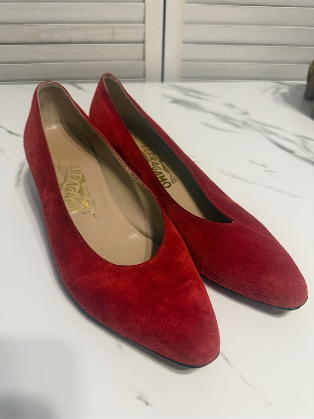 Salvatore Ferragamo Red Suede Pointed Toe Flats Size 10-1/2
